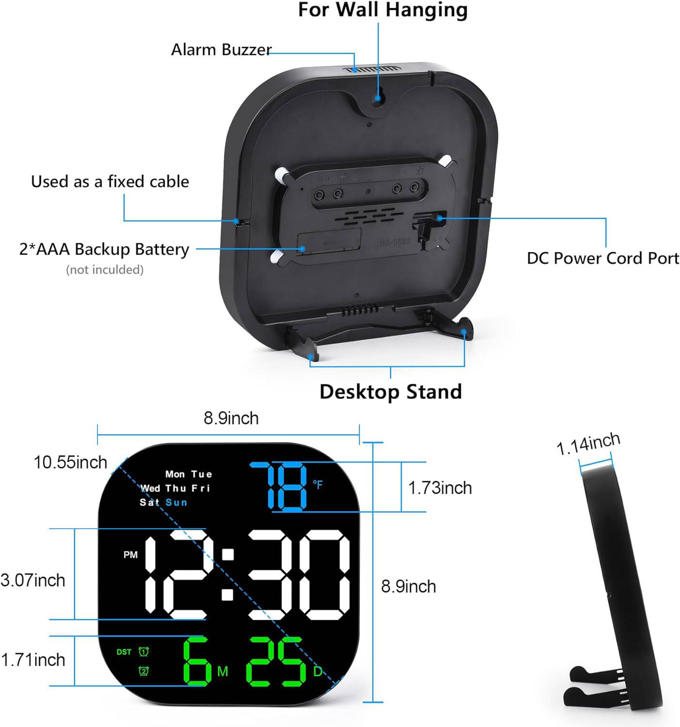 CYFROWY ZEGAR ŚCIENNY BUDZIK Z PILOTEM