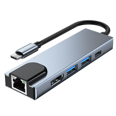 HUB Tech-Protect V3 5w1 USB-C - USB-A 3.0 / USB-A 2.0 / USB-C / HDMI / RJ45 - szary