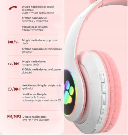 SŁUCHAWKI BEZP KOCIE USZY SŁUCHAWKI DLA DZIECI BLUETOOTH KOTEK