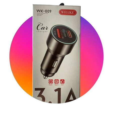 WK-009 Ładowarka samochodowa USB , USB Typ- C  3,1A  PD 15W