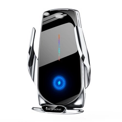 Uchwyt samochodowy z ładowarką bezprzewodową 15W i czujnikiem ruchu, montaż do kokpitu i kratki nawiewu.