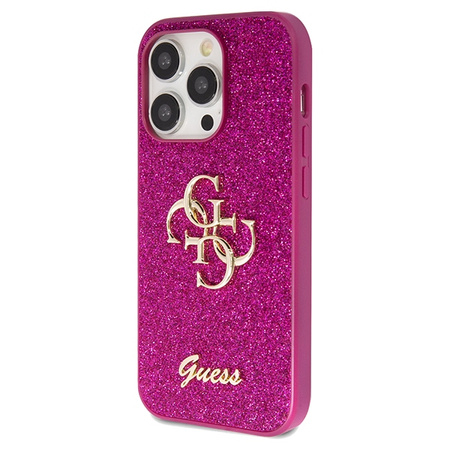 Etui Guess Glitter Script Big 4G na iPhone 15 Pro - fioletowe