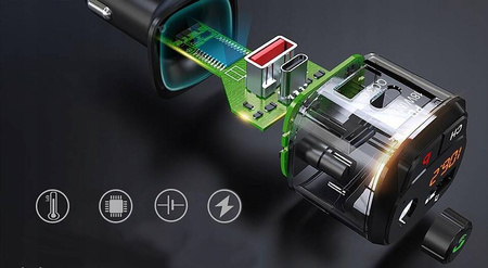 TRANSMITER SAMOCHODOWY FM ZESTAW GŁOŚNOMÓWIĄCY BT5.0 3xUSB QC3.0 20W