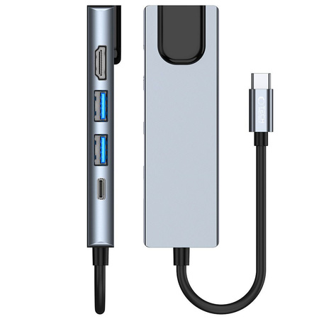 HUB Tech-Protect V3 5w1 USB-C - USB-A 3.0 / USB-A 2.0 / USB-C / HDMI / RJ45 - szary