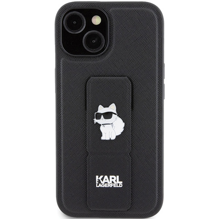 Etui Karl Lagerfeld Gripstand Saffiano Choupette Pins na iPhone 15 - czarne