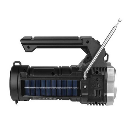 Wielofunkcyjna latarka z wbudowanym panelem solarnym, radiem FM, głośnikiem Bluetooth, USB i microSD