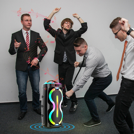 Przenośny Głośnik Stereo KARAOKE 2×6,5″ z BT, USB/TF, AUX, FM, LED RGB, Pilotem i Mikrofonem